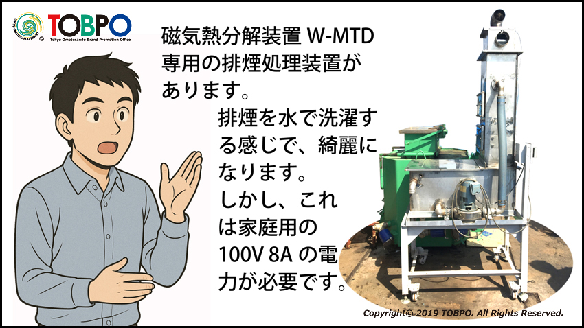W-MTD磁気熱分解装置はダイオキシン類対策特別措置法の特定施設や、煤煙発生施設に該当せず、排出ガスに対し基準は無し。メーカー販売部TOBPO。