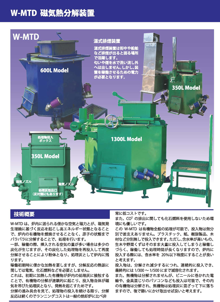 W-MTD磁気熱分解装置は、分解の進み具合を見て、処理物の投入を続ける限り、分解反応は続くのでランニングコストは一般の焼却炉に比べ非常に低コストです。また、CO2やダイオキシンの排出に関しても焼却で無いため環境にも優しいです。メーカー伝導工業販売部TOBPO。
